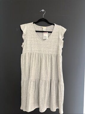 Caution To The Wind Heathered Cream Stripe Tiered Midi Dress
